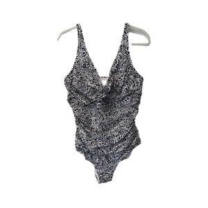 Lands End Ruched Tummy Flattering V Neck Swimsuit size XL Black & White Paisley